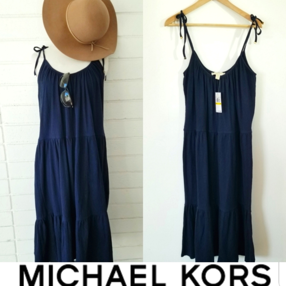 Michael Kors Women's Blue Midi Sundress Spaghetti Straps adjust ties Casual NWT